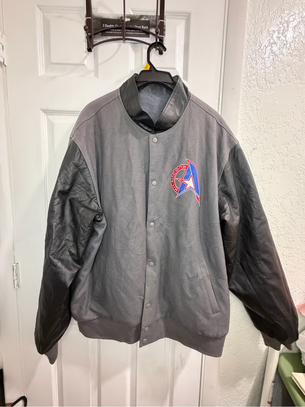 Acoustix varsity jacket 4XL gray black genuine leather sleeves wool Y2K